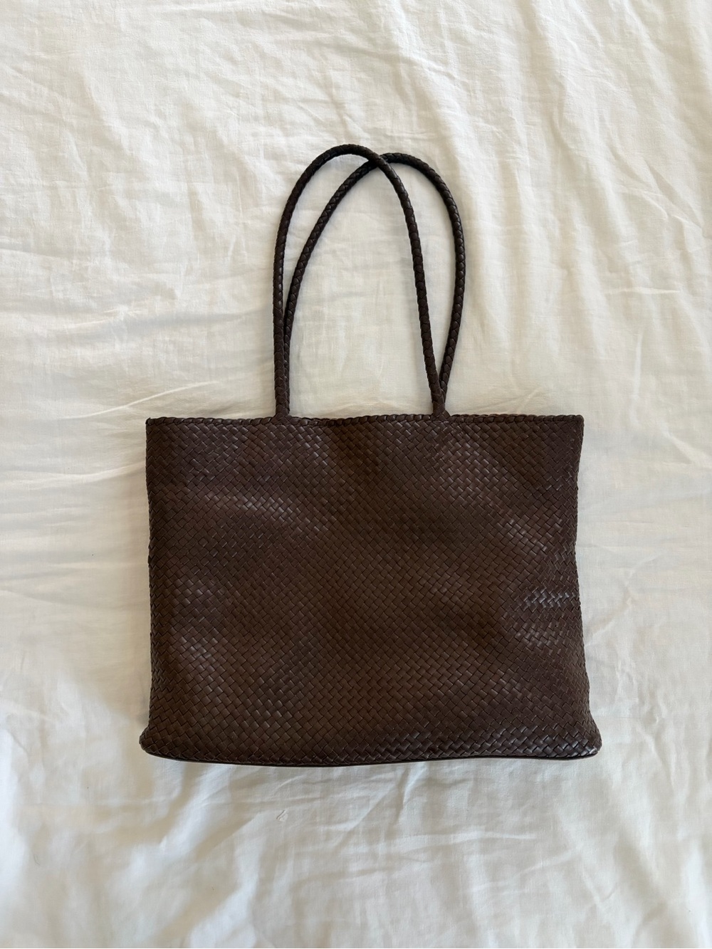 Quince Woven Leather Tote Bag in Dark Brown